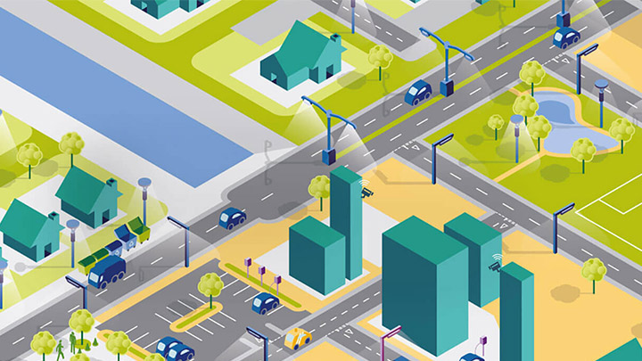 رسم توضيحي لخريطة مدينة تتم إدارة وحدات إضاءتها باستخدام تطبيق النظام المفتوح CityTouch - أضواء المدينة الذكية
